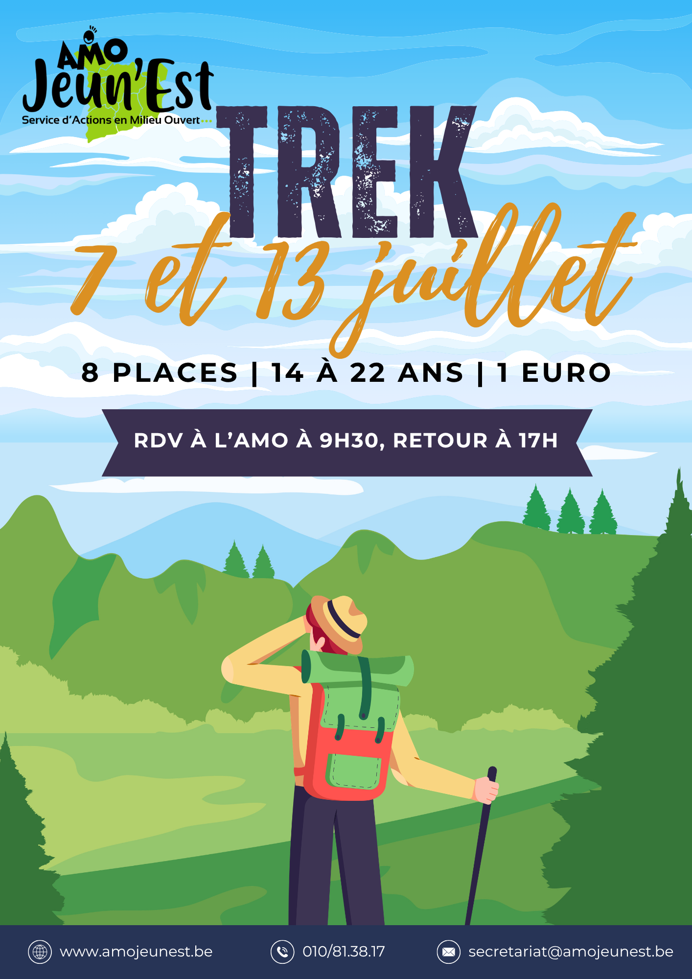 Blue and Green Illustrative Trekking and Camp Poster